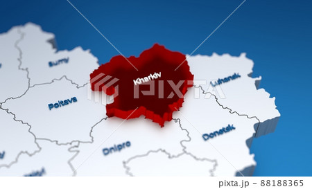 Stylish 3D map of Ukraine with Kharkiv region at focus highlighted in red 88188365