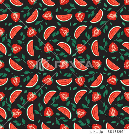 Seamless pattern with red strawberries, watermelon and leaves. Cute summer or spring print with berries on dark background. Festive decoration for textiles, wrapping paper. Vector flat illustration Seamless pattern with red strawberries, watermelon and leaves. Cute summer or spring print with berries on dark background. Festive decoration for textiles, wrapping paper. Vector flat illustration 88188964
