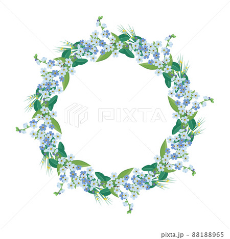 Round wreath of small blue forget me not flowers. Frame with spring blooming composition with buds and leaves. Festive decoration for wedding, holiday, postcard and design. Vector flat illustration Round wreath of small blue forget me not flowers. Frame with spring blooming composition with buds and leaves. Festive decoration for wedding, holiday, postcard and design. Vector flat illustration 88188965