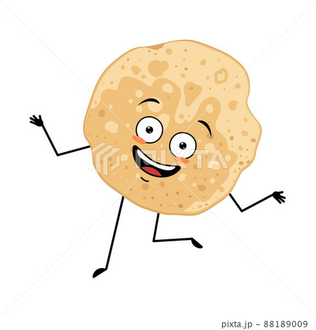 Pancake character with crazy happy emotion, joyful face, dancing arms and legs. Baking person, homemade pastry with funny expression. Food emoticon for carnival or Maslenitsa. Vector illustration Pancake character with crazy happy emotion, joyful face, dancing arms and legs. Baking person, homemade pastry with funny expression. Food emoticon for carnival or Maslenitsa. Vector illustration 88189009