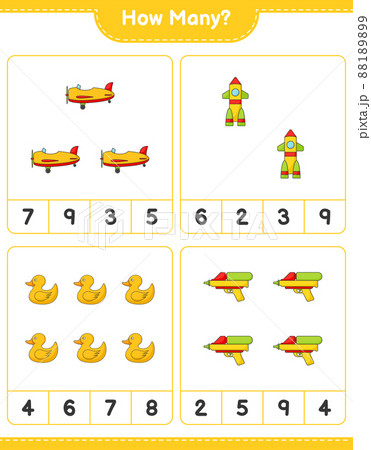 Counting game, how many Plane, Rocket, Rubber Duck, and Water Gun. Educational children game, printable worksheet, vector illustration 88189899