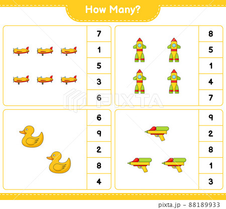 Counting game, how many Plane, Rocket, Rubber Duck, and Water Gun. Educational children game, printable worksheet, vector illustration 88189933