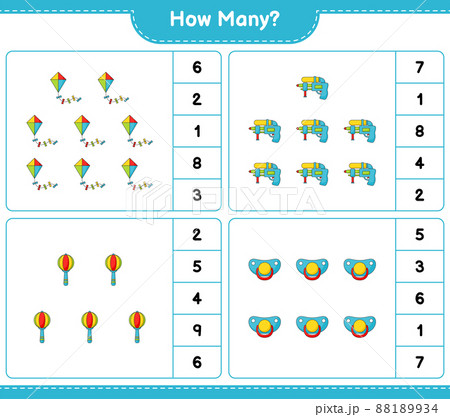 Counting game, how many Kite, Water Gun, Baby Rattle, and Pacifier. Educational children game, printable worksheet, vector illustration 88189934