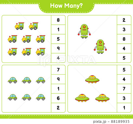 Counting game, how many Train, Robot Character, Car, and Ufo. Educational children game, printable worksheet, vector illustration 88189935