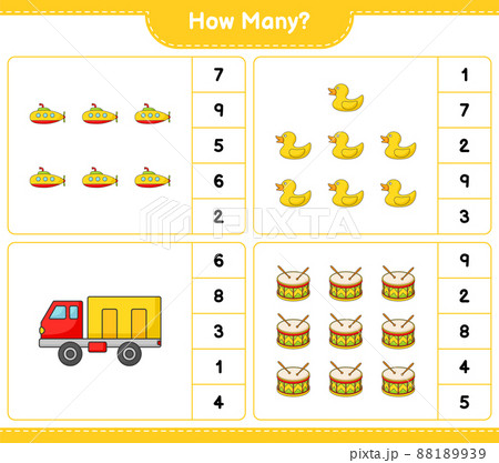 Counting game, how many Submarine, Rubber Duck, Lorry, and Drum. Educational children game, printable worksheet, vector illustration 88189939