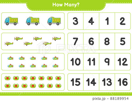 Counting game, how many Lorry, Plane, Submarine, and Pacifier. Educational children game, printable worksheet, vector illustration Counting game, how many Lorry, Plane, Submarine, and Pacifier. Educational children game, printable worksheet, vector illustration 88189954
