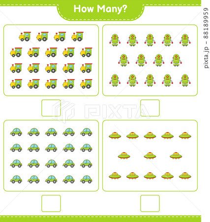 Counting game, how many Train, Robot Character, Car, and Ufo. Educational children game, printable worksheet, vector illustration 88189959