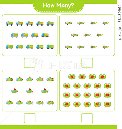 Counting game, how many Lorry, Plane, Submarine, and Pacifier. Educational children game, printable worksheet, vector illustration 88189964