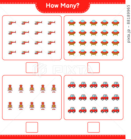 Counting game, how many Helicopter, Ufo, Robot, and Car. Educational children game, printable worksheet, vector illustration Counting game, how many Helicopter, Ufo, Robot, and Car. Educational children game, printable worksheet, vector illustration 88189965