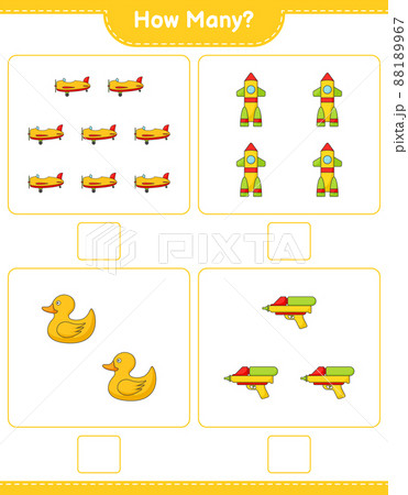 Counting game, how many Plane, Rocket, Rubber Duck, and Water Gun. Educational children game, printable worksheet, vector illustration Counting game, how many Plane, Rocket, Rubber Duck, and Water Gun. Educational children game, printable worksheet, vector illustration 88189967