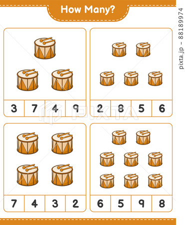 Counting game, how many Drum. Educational children game, printable worksheet, vector illustration 88189974