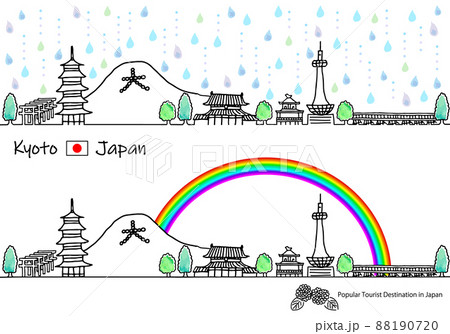 梅雨の京都の観光地の街並シンプル手描き線画セット 88190720
