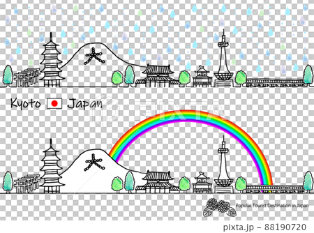 梅雨の京都の観光地の街並シンプル手描き線画セット 88190720