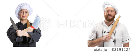 Collage. Man and woman, restaurant chef in white uniform posing with cooking tools isolated over white studio background Collage. Man and woman, restaurant chef in white uniform posing with cooking tools isolated over white studio background 88191224