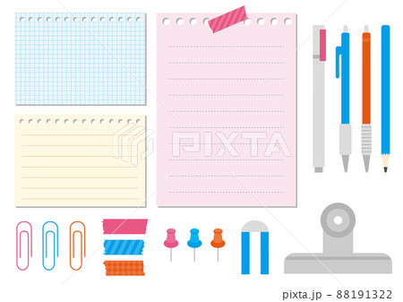 シンプルでフラットなメモやクリップなどの文房具 88191322