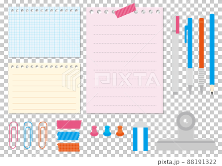 シンプルでフラットなメモやクリップなどの文房具 88191322