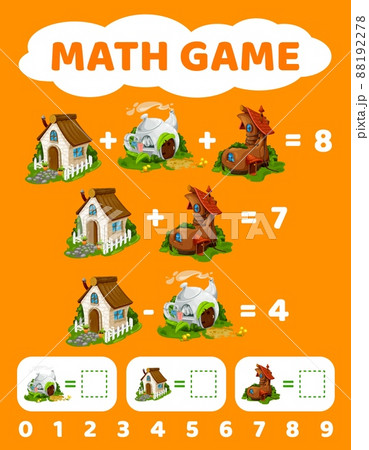 Cartoon fairytale houses, math game worksheet and vector education maze. Kids math puzzle with addition and subtraction of mathematics numbers with fairy tale homes of gnomes and elf dwellings Cartoon fairytale houses, math game worksheet and vector education maze. Kids math puzzle with addition and subtraction of mathematics numbers with fairy tale homes of gnomes and elf dwellings 88192278