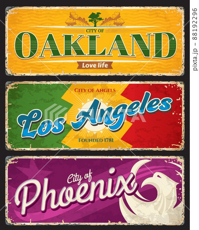 Oakland, Los Angeles and Phoenix american cities plates and travel stickers. US city grunge banner, United States of America journey grunge vector tin signs with cities flags and coat of arms symbols 88192296