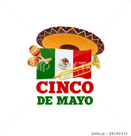 Cinco de Mayo holiday music and sombrero hat cartoon vector design. Mexican fiesta party mariachi musician maracas, trumpet and flag of Mexico with eagle, snake and cactus coat of arms, greeting card Cinco de Mayo holiday music and sombrero hat cartoon vector design. Mexican fiesta party mariachi musician maracas, trumpet and flag of Mexico with eagle, snake and cactus coat of arms, greeting card 88192332