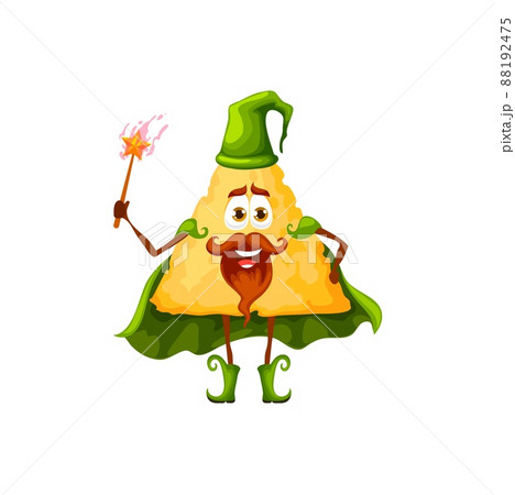 Cartoon Mexican nachos wizard character, magician or sorcerer with magic wand, vector kids personage. Funny nachos chip as fairy tale magician or warlock mage with in magic cape and witch hat 88192475