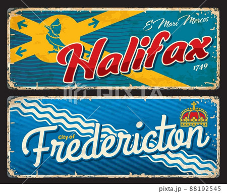 Halifax and Fredericton canadian cities plates and travel stickers, vector tin signs. Canada tourist luggage tags with provinces or regions flags, emblems and Canadian landmarks 88192545