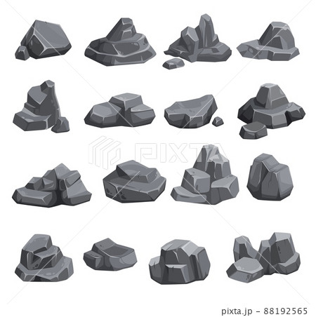 Cartoon rock stones, boulders, rubble gravel and cobbles, vector icons. Gray rock stones or mountain debris of grey rubble blocks, pebbles and cracked gravels of mountain pieces or broken concrete 88192565