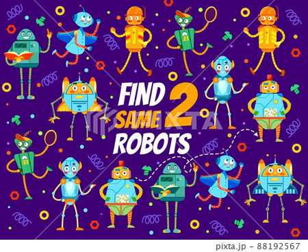 Mechanic robots and droids on find two same game worksheet. Preschool kids differences matching educational puzzle, vector quiz or children intelligence playing activity, quiz with matching activity Mechanic robots and droids on find two same game worksheet. Preschool kids differences matching educational puzzle, vector quiz or children intelligence playing activity, quiz with matching activity 88192567