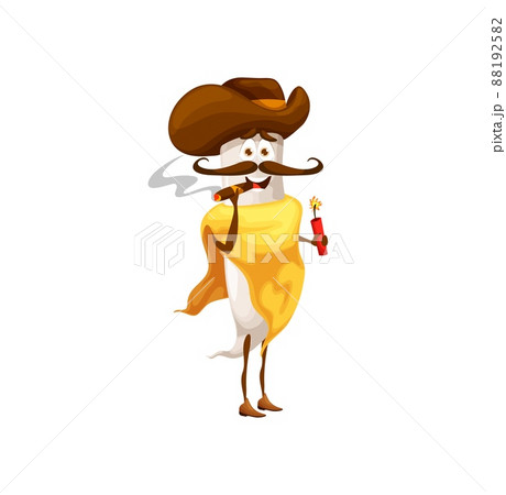 Cartoon daikon robber or bandit character with dynamite. Vector cowboy ranger vegetable, mustached wild west hero in hat, boots, bandana smoking cigar. Western veggies, healthy food funny personage 88192582