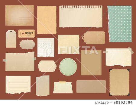 Vintage scrapbook torn paper, post card, notes, stickers, tags and tickets. Vector old paper pages and scraps of retro memo notebook, grunge labels and notepaper with stamp frames and corner stickers 88192594