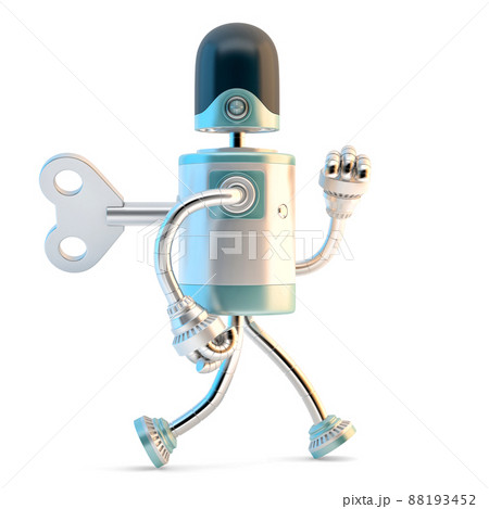 Robot walking with wind up key in his back. 3D illustration. Isolated 88193452