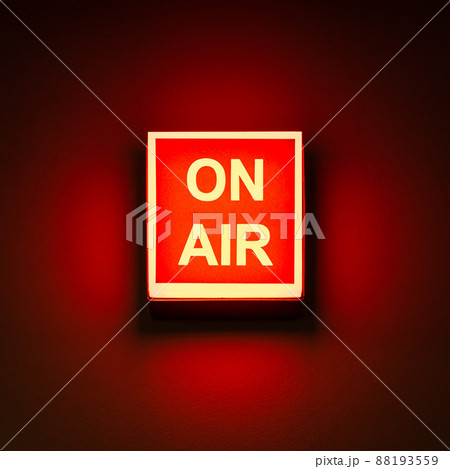 Schaerbeek, Brussels Capital Region, Belgium - Isolated red box indicating ON AIR in the Flemish broadcasting studio 88193559