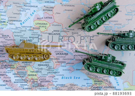 Calgary, Alberta, Canada. Mar 28, 2022. Top view of Scale Model Tanks War Panther Tanks on a Ukraine map. Concept Calgary, Alberta, Canada. Mar 28, 2022. Top view of Scale Model Tanks War Panther Tanks on a Ukraine map. Concept 88193693