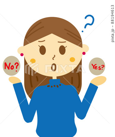 イエスかノーを両天秤にかけてどちらにしようか迷っている女性のイラスト・選択・運命の分かれ道 88194613