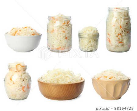 Set of tasty fermented cabbage isolated on white Set of tasty fermented cabbage isolated on white 88194725