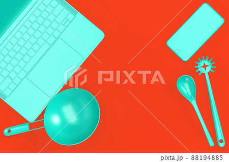 Kitchen table top view with laptop and utensils. 3D illustration 88194885