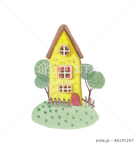 Watercolor house. Cute yellow fairytale house. Hand painted illustration, isolated on white. Cartoon hand drawn style. Watercolor house. Cute yellow fairytale house. Hand painted illustration, isolated on white. Cartoon hand drawn style. 88195267