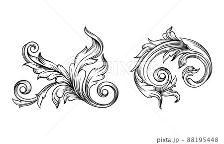Floral decorative design elements set, hand drawn leaves, classic decor element vector illustration Floral decorative design elements set, hand drawn leaves, classic decor element vector illustration 88195448
