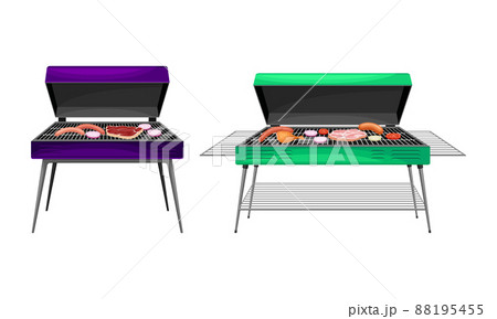 Barbecue grills with meat steaks. Equipment for bbq cooking vector illustration Barbecue grills with meat steaks. Equipment for bbq cooking vector illustration 88195455