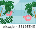 cartoon and flatart design for summer activity with flamingo rubber ring float in swimming pool with tropical forest 88195545