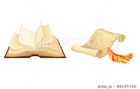 Antique parchment paper scroll and opened book set vector illustration 88195560