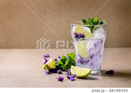Glass of lemonade cocktail with violets flowers Glass of lemonade cocktail with violets flowers 88196430