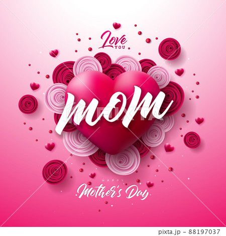 Happy Mother's Day Illustration with Rose Flower and Red Loving Heart on Pink Background. Vector Celebration Design Template for Greeting Card, Banner, Flyer, Invitation, Brochure, Poster. 88197037