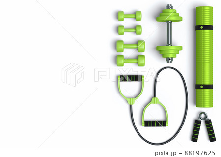 Top view of sport equipment like yoga mat, dumbbell and expander on white background. 3d render of power lifting and fitness concept 88197625
