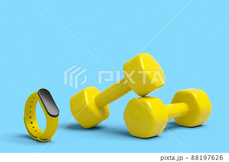 Isometric view of sport equipment like smart watches and dumbbell on blue background. 3d render of power lifting and fitness concept Isometric view of sport equipment like smart watches and dumbbell on blue background. 3d render of power lifting and fitness concept 88197626