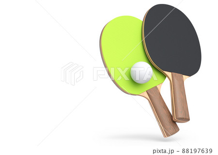 Pair ping pong rackets for table tennis with ball isolated on white background. 3d render of sports equipment for active training Pair ping pong rackets for table tennis with ball isolated on white background. 3d render of sports equipment for active training 88197639