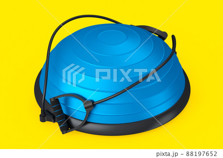 Blue fitness ball with hand expander isolated yellow background. 3d rendering of sport equipment for fitness, yoga and active workout 88197652