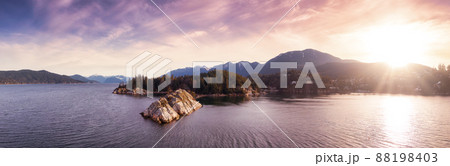 Aerial Panoramic View of Rocky Island on the Pacific Ocean West Coast. 88198403