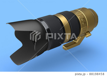 Modern nonexistent gold DSLR telephoto camera lens on blue background 88198458