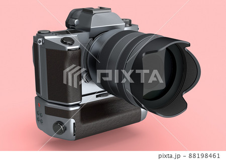 Concept of nonexistent silver DSLR camera with macro lens isolated on pink Concept of nonexistent silver DSLR camera with macro lens isolated on pink 88198461