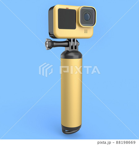 Photo and video lightweight yellow action camera with monopod on blue background 88198669